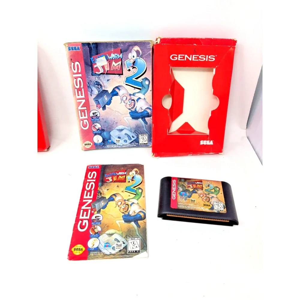 Lot 2 Earthworm Jim 1 + 2 - Sega Genesis Cardboard Box, & Cartridge, Manual